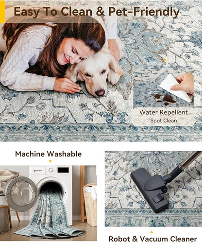 RELEANY Area Rugs 3'x9' Runner Rug Non Slip Washable for Kitchen Hallway Bedroom Beside Laundry Room Bathroom Rug, Floor Carpet, Light Blue Navy Beige Gray White