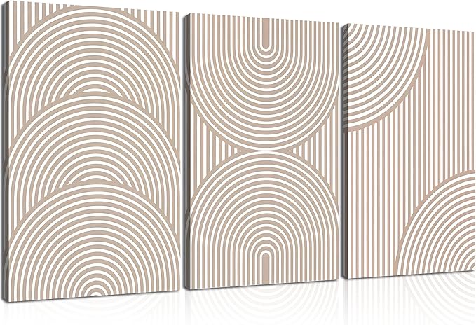 3Pcs Beige Neutral Canvas Wall Art Boho Minimalist Line Paintings Abstract Beige and White Line Wall Decor Mid Century Geometric Posters Prints for Living Room Bedroom Office Art Pictures Framed