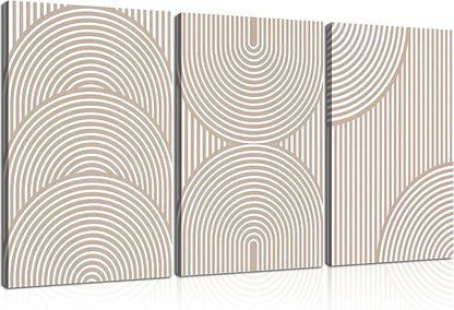 3Pcs Beige Neutral Canvas Wall Art Boho Minimalist Line Paintings Abstract Beige and White Line Wall Decor Mid Century Geometric Posters Prints for Living Room Bedroom Office Art Pictures Framed