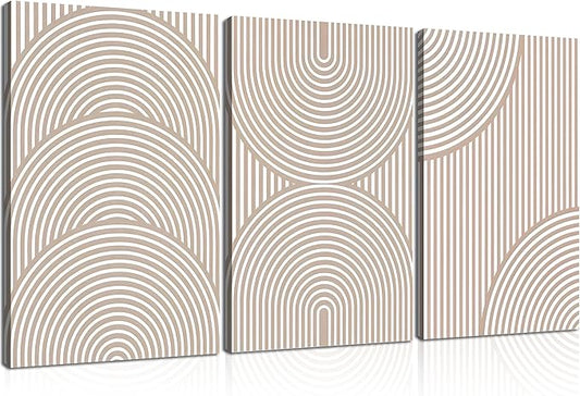 3Pcs Beige Neutral Canvas Wall Art Boho Minimalist Line Paintings Abstract Beige and White Line Wall Decor Mid Century Geometric Posters Prints for Living Room Bedroom Office Art Pictures Framed
