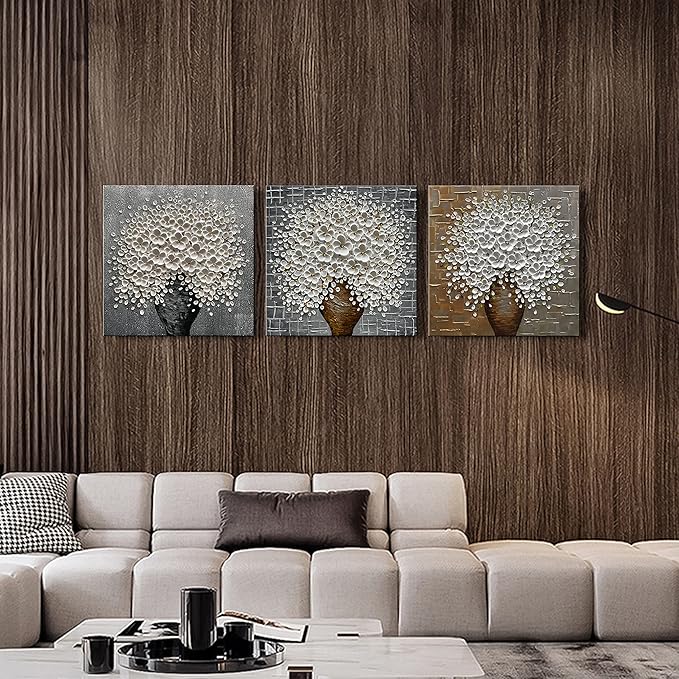 100% Hand-Painted White Flower Art Oil Painting, Modern Home Furnishing Canvas Painting Decoration, 3D Abstract Mural Painting,24x24 inch Frame Wall Art Hanging