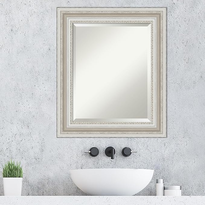 Amanti Art Silver Bathroom Mirror for Over Sink, 26x22 Parlor Silver Rectangle Vanity Mirror, Small Traditional Frame, Hangs Horizonally and Vertically, Bathroom Wall Decor, Beveled Edge