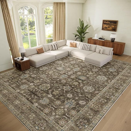 Washable 10x14 Area Rugs for Living Room, Boho Non-Slip Vintage Distress Large Rugs for Bedroom Dining Room Office, 0.3" Neutral Oriental Throw Thin Carpet, Tan/Flaxen/Multi, E2