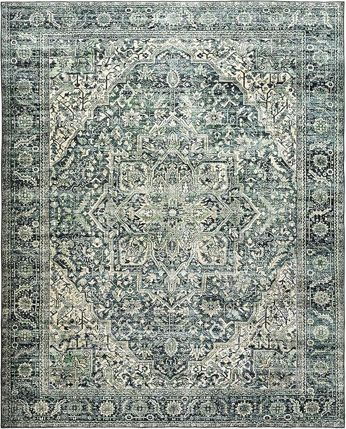BILEEHOME Green Area Rug 5x7 Machine Washable Rug for Bedroom Living Room Boho Vintage Oriental Farmhouse Floral Carpet, Dark Green