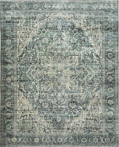 BILEEHOME Green Area Rug 5x7 Machine Washable Rug for Bedroom Living Room Boho Vintage Oriental Farmhouse Floral Carpet, Dark Green