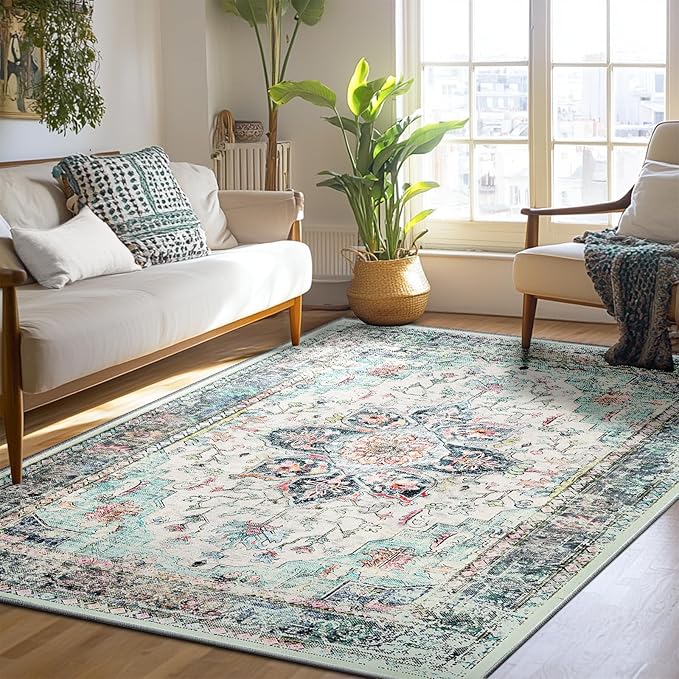 BESTSWEETIE 6x9 Area Rug Washable Rugs for Living Room, No Pile Boho Carpet for Entryway Bedroom Dinning Room, Vintage Carpet Print Distressed Non-Slip, 6 x 9 ft, Multi Navy Teal