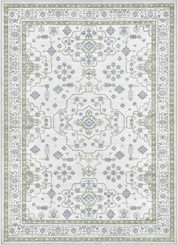 Area Rug 7x9 for Living Room - Washable Oriental Vintage Floral Distressed Large Indoor Carpets with Non Slip Back for Bedroom Dining Room Nursery Office Home Decor -Light Green