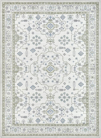 Area Rug 5x7 for Living Room - Washable Oriental Vintage Floral Distressed Large Indoor Carpets with Non Slip Back for Bedroom Dining Room Nursery Office Home Decor -Light Green