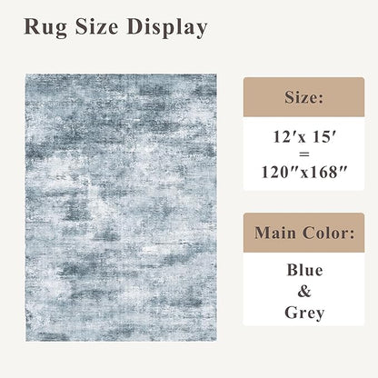 12x15 Area Rug for Living Room – Large Modern Neutral Abstract Thin Washable Carpet, Soft Low Pile Non-Slip Stain-Resistant for Bedroom Dining Room Home Office (Misty Blue Gray)