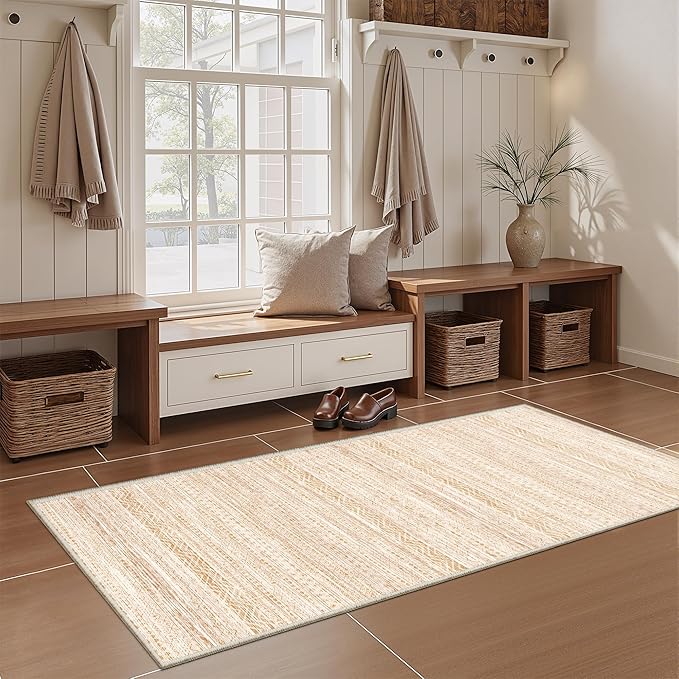 Miukiki 2x6 Hallway Runner Rug Moroccan Washable Kitchen Rug Non Slip Indoor Floor Kitchen Runner Rug Foldable Carpet for Bathroom Laundry Room with Low Pile(Beige,2'x6')