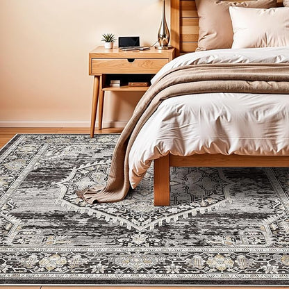 7x7 Area Rug Washable Living Room Rugs: 7ft Square Ultra Thin Soft Oriental Area Rugs Non-Slip Backing Farmhouse Rug Low Pile Thin Stain Resistant Indoor Carpets, 7' x 7' Black