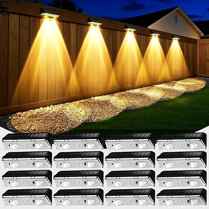 Solar Fence Lights Outdoor, IP65 Waterproof Fence Lights Solar Powered with Ultra-Bright LED Lens, 9 Color Modes, 12+ Hours Steady Glow for Deck/Backyard/Patio/Pool/Wall - 16 Pack, Pure Black