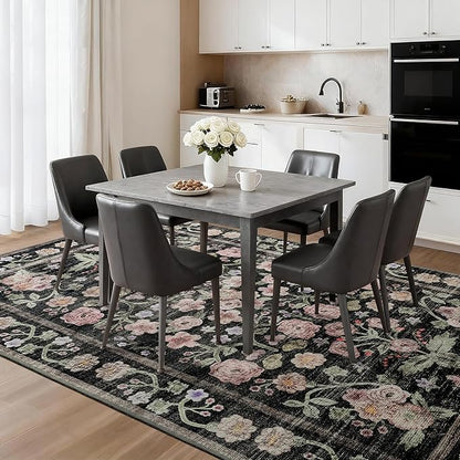 Maxsoft Large Area Rugs for Living Room Bedroom, 5x7 Washable Floral Area Rugs, Non-Slip and Stain Resistant Soft Throw Indoor Carpet for Dining Room Office Kitchen Dorm Home Decor, Black