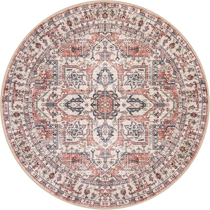 KOZYFLY Round Rug 6 Ft Rugs for Entryway Washable Circle Rug Non Slip Round Living Room Rugs Printed Faux Wool Round Dining Room Floor Carpet Floor Carpet for Entryway, Bedroom, Red Salmon/Pink/Navy