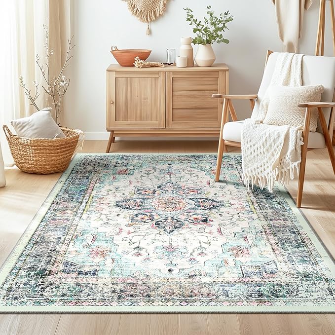 BESTSWEETIE 3x5 Area Rug Washable Rugs for Living Room, No Pile Boho Carpet for Entryway Bedroom Dinning Room, Vintage Carpet Print Distressed Non-Slip, 3 x 5 ft, Multi Navy Teal