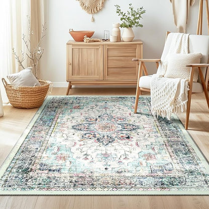 BESTSWEETIE 3x5 Area Rug Washable Rugs for Living Room, No Pile Boho Carpet for Entryway Bedroom Dinning Room, Vintage Carpet Print Distressed Non-Slip, 3 x 5 ft, Multi Navy Teal
