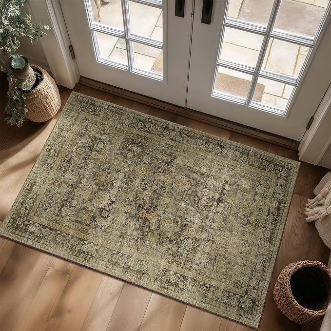 Washable 3x5 Entryway Rug, Boho Non-Slip Vintage Distress Small Rugs for Kitchen Nursery Office Bedroom, 0.3" Neutral Oriental Throw Thin Carpet with Cushioning Pad, Moss/Yellow/Multi, C3