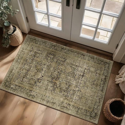 Washable 3x5 Entryway Rug, Boho Non-Slip Vintage Distress Small Rugs for Kitchen Nursery Office Bedroom, 0.3" Neutral Oriental Throw Thin Carpet with Cushioning Pad, Moss/Yellow/Multi, C3