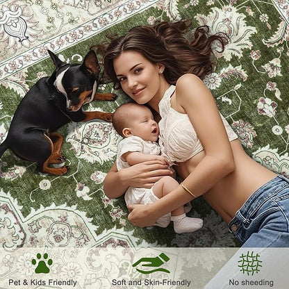Maxsoft Large Area Rugs for Living Room Bedroom, 8x10 Green Washable Rug with Rubber Backing, Non-Slip and Stain Resistant Soft Throw Indoor Carpet for Dining Room Office Kitchen Dorm Home Decor
