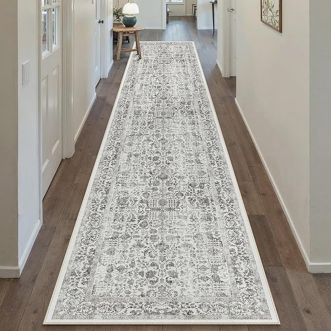 PureCozy Black Runner Rug 2'6"x12' Washable Carpet for Hallway Kitchen Vintage Distressed Non Slip Indoor Retro Floral Bedroom Accent Throw Long Rug Bathroom Office Laundry Dining Living Room