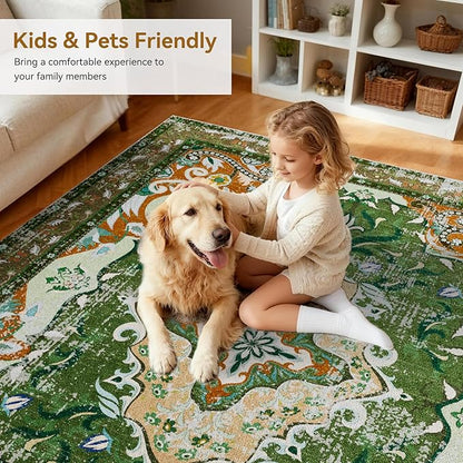 RUSHUFFY 2x3 Washable Small Rug Door Mat, Rugs for Entryway, Vintage Boho Distressed Print Pattern Non-Slip Carpet, Throw Rug for Indoor Entrance Kitchen Bedroom Bathroom Laundry Floor, Dark Green
