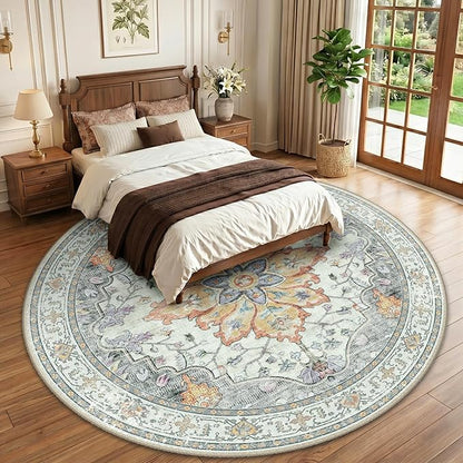 RELEANY Area Rugs Round 10ft Washable Non-Slip, Floral Vintage Distress Print Pattern Medallion Carpet for Living Room Bedroom Dining Room, Light Yellow Carbon Grey Orange