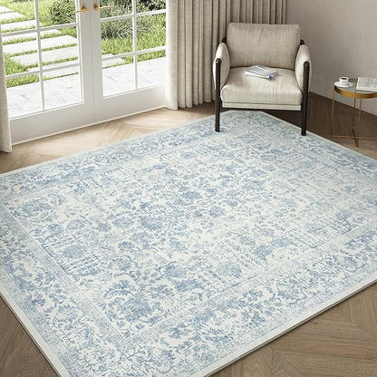 PureCozy Blue Area Rug 3x4 Office Entryway Rug Machine Washable Kitchen Vintage Distressed Non Slip Carpet Indoor Retro Floral Accent Throw Door Mat for Bathroom Bedroom Dining Living Room
