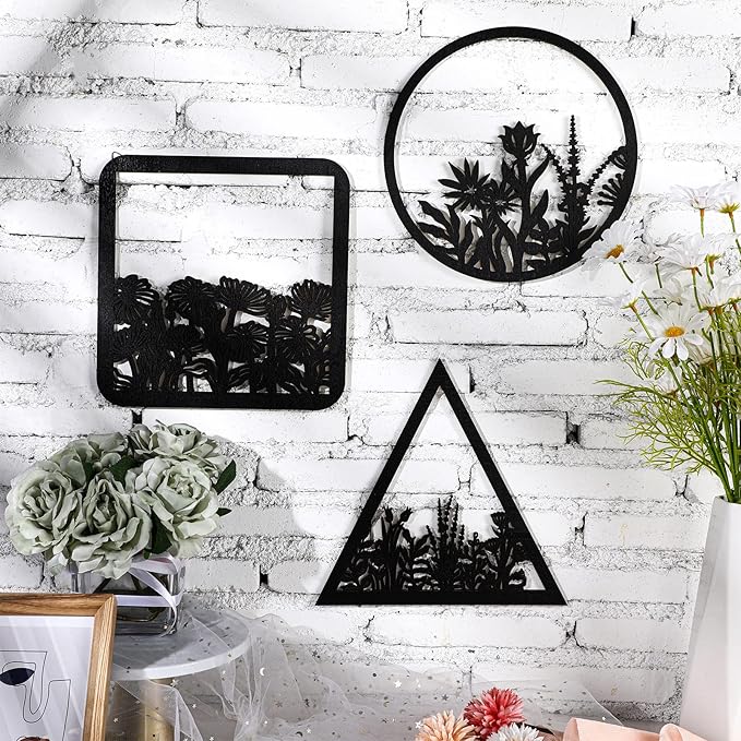 Blulu 3 Pieces Wall Art Wood Wall Pediments Sacred Boho Art Wooden Floral Decor Minimalist Floral Hanging Flower Artwork for Home Dining Room(10 Inch,Dark Black)
