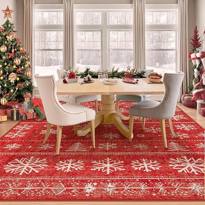 Christmas Area Rug 6x9 Rugs: Washable Living Room Rug Xmas Holiday Decor Rugs Snowflake Low Pile Boho Rug Indoor Floor Carpet for Bedroom Kitchen Dining Room Home(Xmas Red, 6'x9')