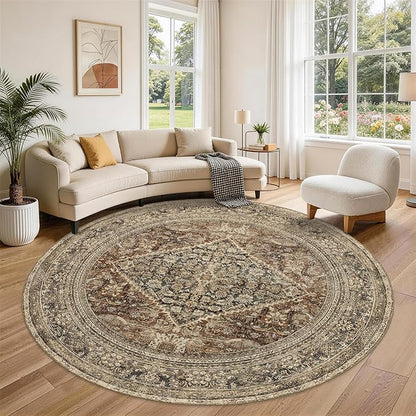Large Round Rug 6ft: Vintage Round Area Rugs for Living Room Bedroom Office Study Room - Soft Non-Slip Circle Carpet 6' - Oriental Dark Brown