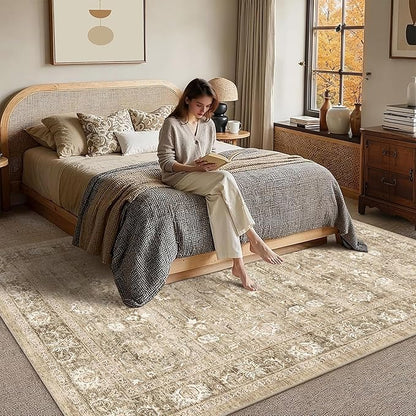 5x7 Beige Washable Area Rugs for Living Room Non Slip Low Pile Vintage Boho Throw Rug Khaki Soft Retro Distressed Floral Carpet Indoor for Bedroom Dining Room Office Kitchen Playroom