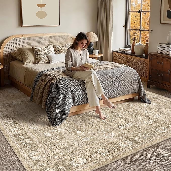 6x9 Beige Washable Area Rugs for Living Room Non Slip Low Pile Vintage Boho Throw Rug Khaki Soft Retro Distressed Floral Large Carpet Indoor for Bedroom Dining Room Office Kitchen Playroom