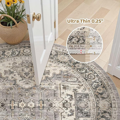Area Rug for Living Room - 8x8 Soft Machine Washable Oriental Vintage Floral Distressed Large Indoor Floor Carpet for Bedroom Under Dining Table Home Office Decor - Brown