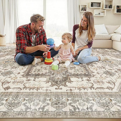 10x14 Area Rug for Living Room- Machine Washable Soft Oriental Vintage Large Indoor Floor Carpet for Bedroom Under Dining Table Home Office Decor - Beige Brown