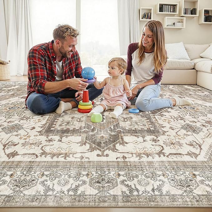 9x12 Area Rug for Living Room- Machine Washable Soft Oriental Vintage Large Indoor Floor Carpet for Bedroom Under Dining Table Home Office Decor - Beige Brown