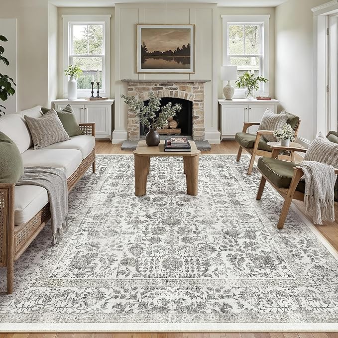 PureCozy Black Area Rug 8x10 Machine Washable Large Vintage Living Room Distressed Non Slip Carpet Traditional Indoor Bedroom Retro Floral Accent Throw Rug for Office Kitchen Dining Room