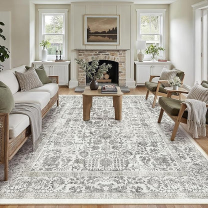 PureCozy Black Area Rug 8x10 Machine Washable Large Vintage Living Room Distressed Non Slip Carpet Traditional Indoor Bedroom Retro Floral Accent Throw Rug for Office Kitchen Dining Room