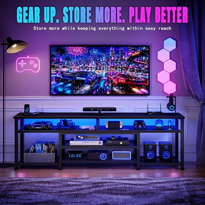 Korfile TV Stand for 65/75/80 inch TV, 71 in Entertainment Center with LED Lights and Power Outlets, TV Console Table with Open Shelves for Living Room and Bedroom, Black