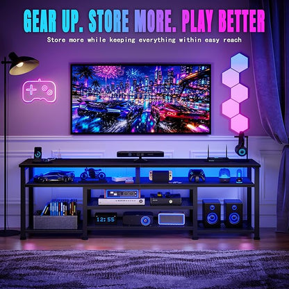 Korfile TV Stand for 65/75/80 inch TV, 71 in Entertainment Center with LED Lights and Power Outlets, TV Console Table with Open Shelves for Living Room and Bedroom, Black