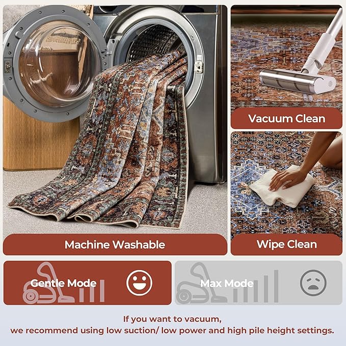 9x12 Area Rugs for Living Room, Machine Washable Low Pile Rug, Non Slip Backing Boho Rugs for Bedroom, Printed Soft Vintage Carpet Sienna Brown 9 x 12