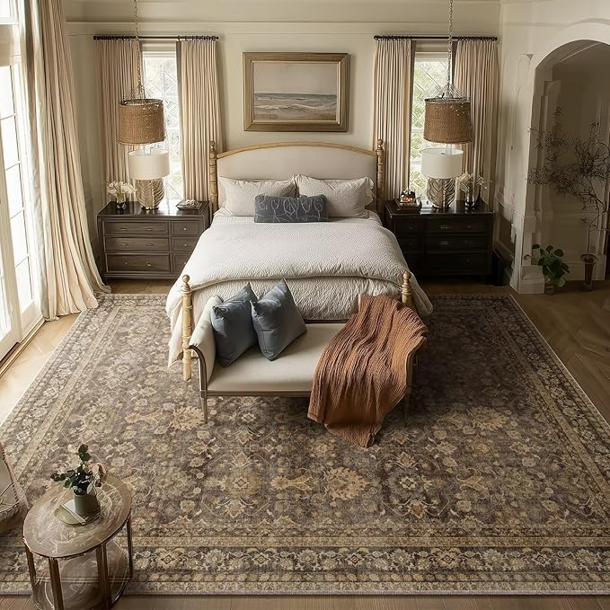 Washable 8x10 Area Rugs for Living Room, Boho Non-Slip Vintage Distress Large Rugs for Bedroom Dining Room Nursery Office, 0.3" Neutral Oriental Throw Thin Carpet, Red/Brown/Multi, C4