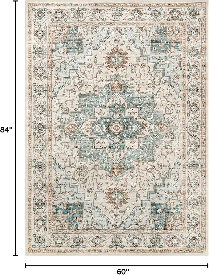 5x7 Area Rug for Living Room, Non Slip Vintage Machine Washable Rug, Foldable Stain Resistant Large Area Rugs for Bedroom, Soft Indoor Boho Carpet for Home Decor (Green/Beige, 5'x7')