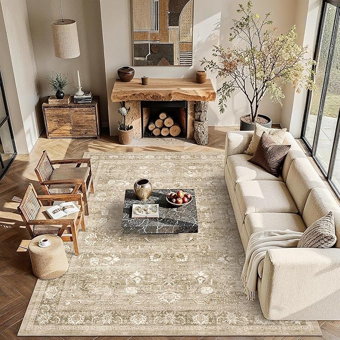 8x10 Beige Washable Area Rugs for Living Room Non Slip Low Pile Vintage Boho Throw Rug Khaki Soft Retro Distressed Floral Large Carpet Indoor for Bedroom Dining Room Office Kitchen Playroom