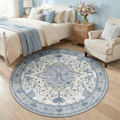 RELEANY Area Rugs Round 5ft Washable Non-Slip, Floral Vintage Distress Print Pattern Medallion Carpet for Living Room Bedroom Dining Room, Light Blue Navy Beige Gray White