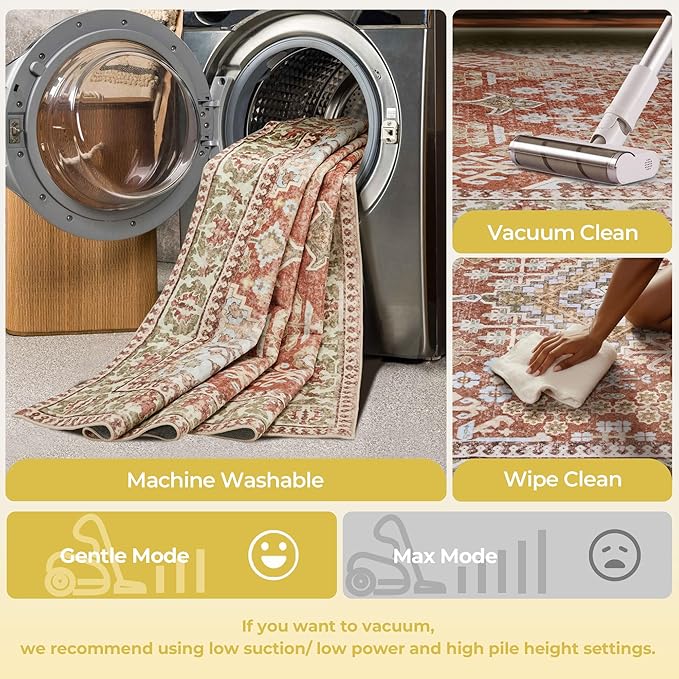 Kokia 8x10 Area Rugs for Living Room, Machine Washable Low Pile Rug, Non Slip Backing Boho Rugs for Bedroom, Printed Soft Vintage Carpet Orange 8 x 10
