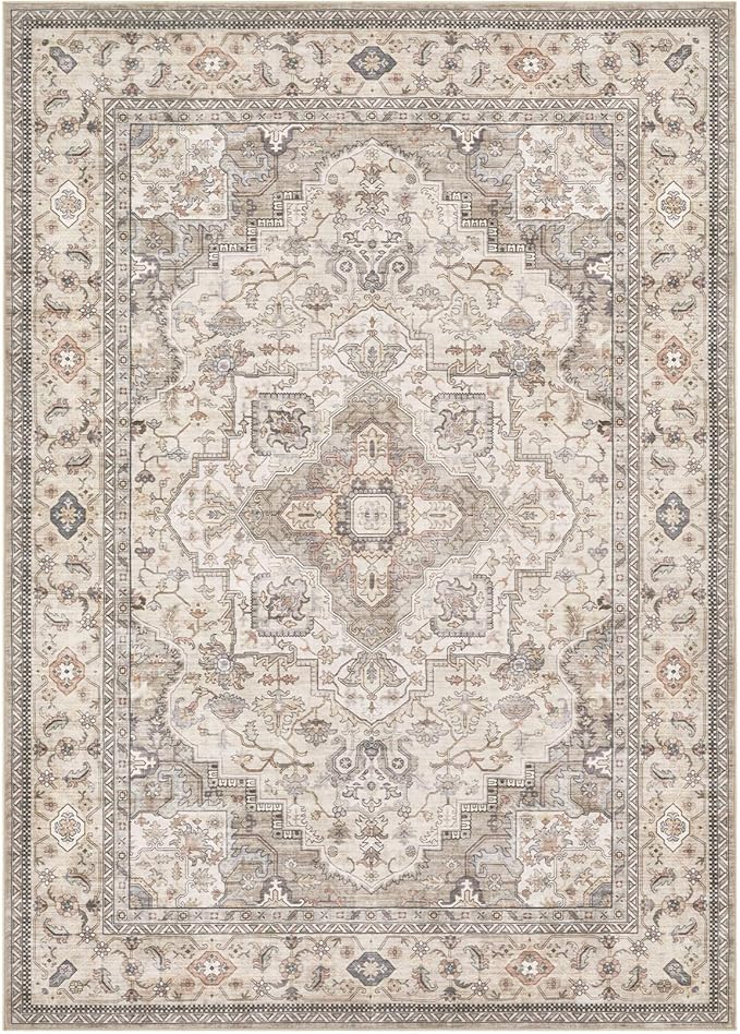 EIEIHOUSE Washable Area Rugs for Living Room -7x10 Neutral Vintage Distressed Floral Farmhouse Boho Large Soft Floor Rug Indoor Non Slip Carpet for Living Room Bedroom Dining Room Office-Brown/Multi