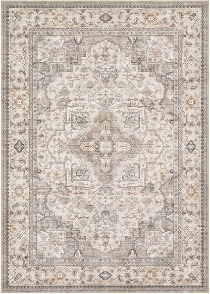 EIEIHOUSE Washable Area Rugs for Living Room -7x10 Neutral Vintage Distressed Floral Farmhouse Boho Large Soft Floor Rug Indoor Non Slip Carpet for Living Room Bedroom Dining Room Office-Brown/Multi