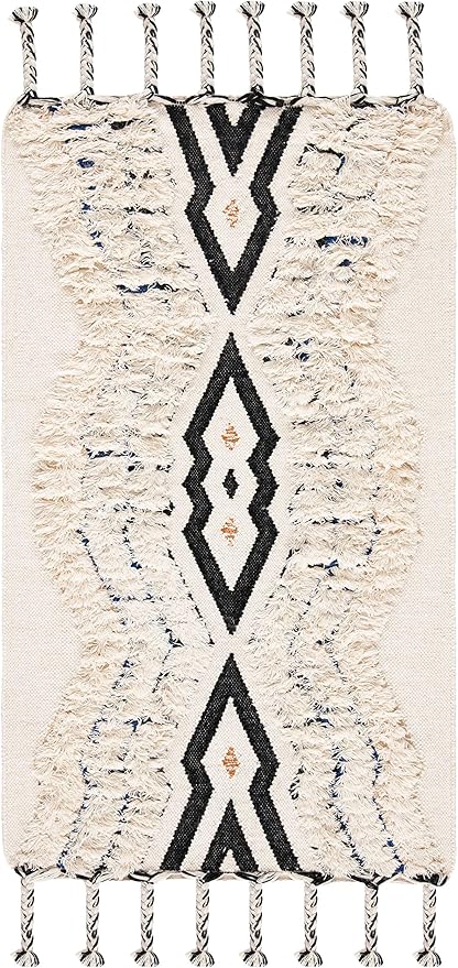 SAFAVIEH Kenya Collection Accent Rug - 4' x 6', Ivory & Black Blue, Hand-Knotted Moroccan Tribal Tassel Wool, Ideal for High Traffic Areas in Entryway, Living Room, Bedroom (KNY905A)