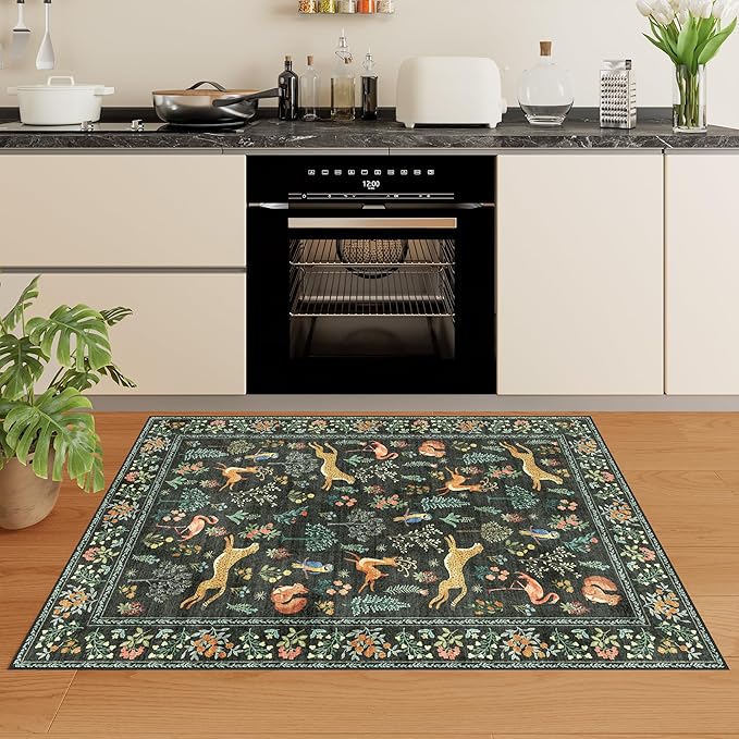 DUKINO 3x4 Washable Entryway Rug, Vintage Animal Ultra Soft Kitchen Area Rug with Non Slip Backing, Low Pile & Stain Resistant Indoor Door Mat for Bathroom, Bedroom, Laundry Room, Office, Black