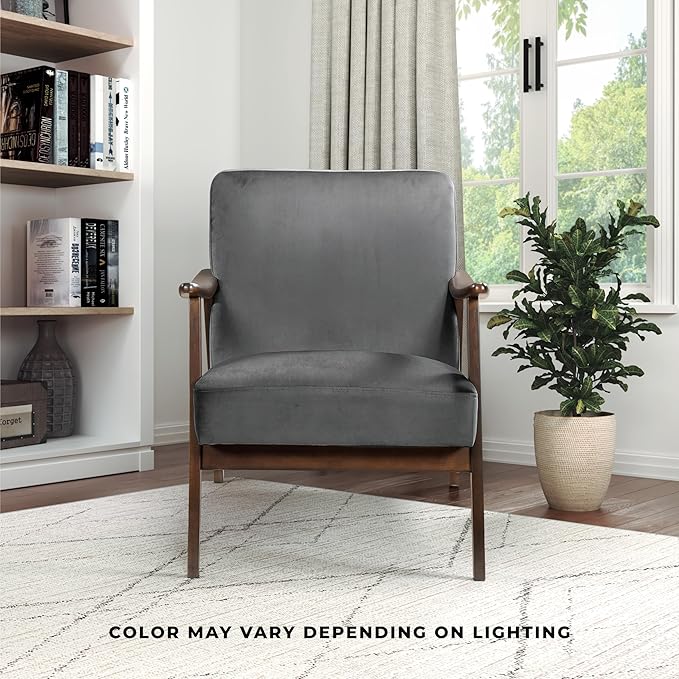 Lexicon Mid Century Modern Chair Velvet Accent Chair for Living Room Chair w/Solid Wood Armrests and Legs, Cushioned Seat and Backrest, Reading Chair and Lounge Chair for Bedrooms/Studios, Dark Grey